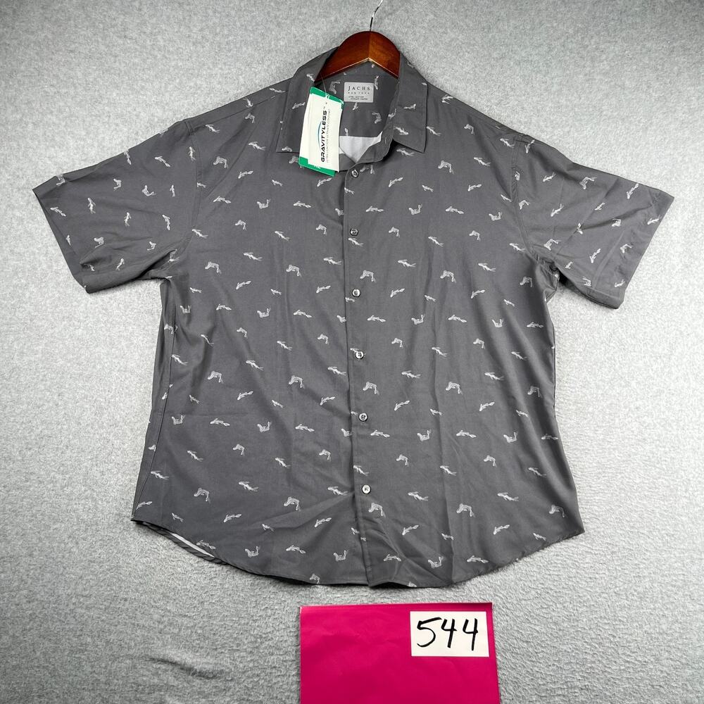 Jachs New York Shirt XL Gray Fish Print Lightweight Button Up Short Sleeve New